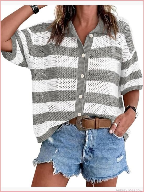 Sweaters - Striped Crochet Cardigan Sweater Half Sleeve Button Up Tops Loose Fit Cover Up